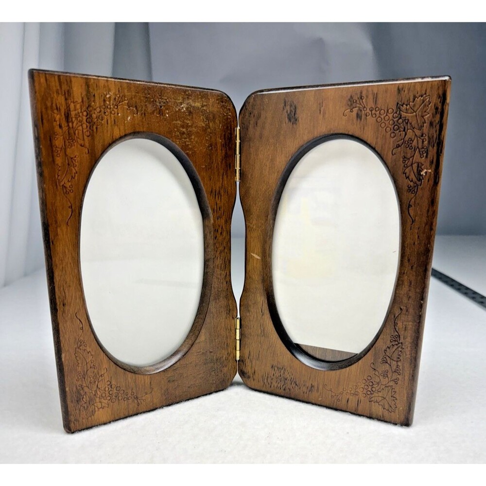Wood Folding Double Picture Frame Oval 6.5" Grapevine Etched Hinged Vintage